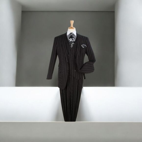 MEN'S APOLLO KING 3 PIECE FASHION BLACK-WHITE BOLD PINSTRIPE SUIT. B-301 - Picture 1 of 2